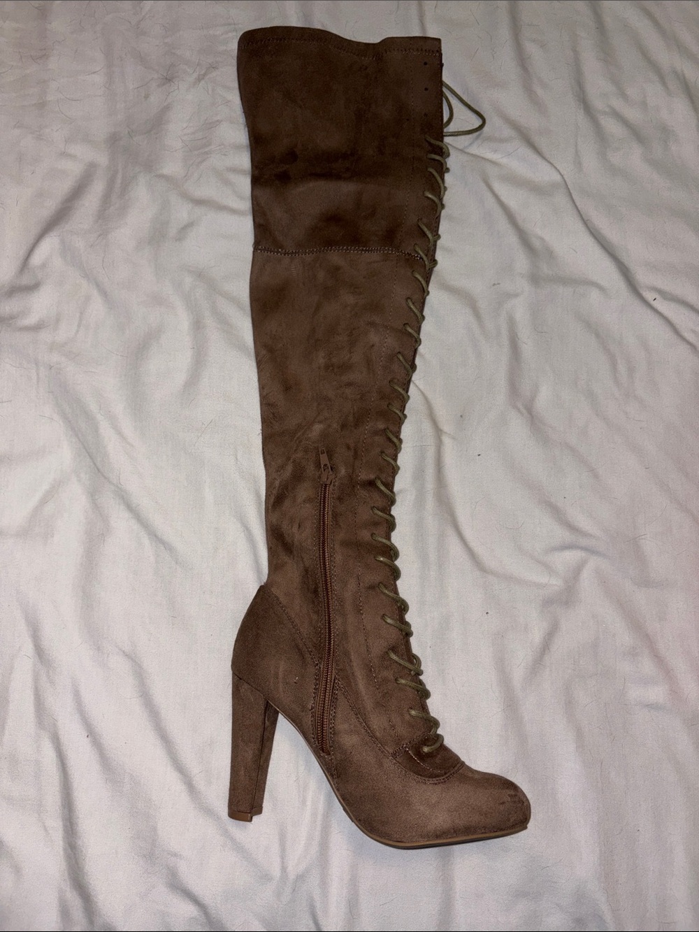 Fashion Nova Women's Brown Suede Over-the-Knee Lace-Up Block High Heel Boots 7